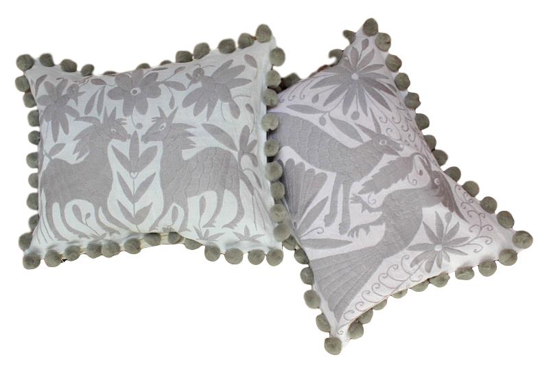Hand-woven Silver Pillows with Pompons