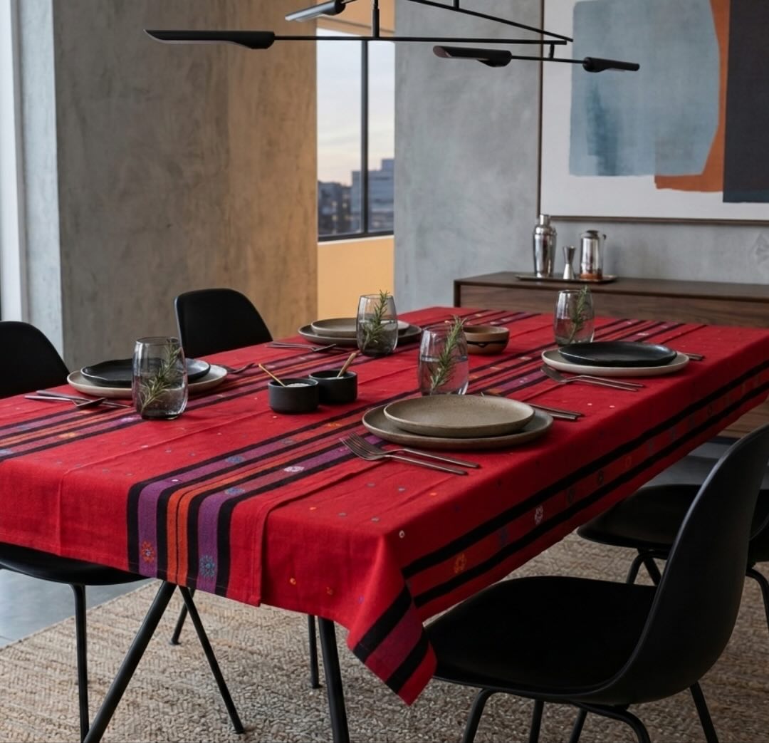 Handwoven Mexican Tablecloth with Embroidered Floral Details